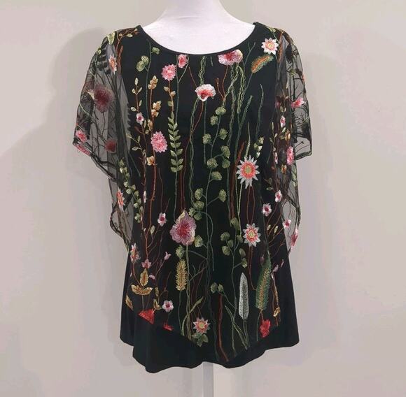 By Design Tops - Women's Black Embroidered Sheer Mesh Top Floral Overlay Dark Fairy Boho Flowy